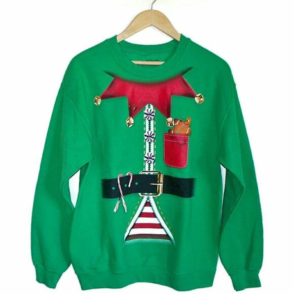 HYBRID elf Santas helper Christmas ugly green sweatshirt holiday toymaker Size M - Picture 1 of 5